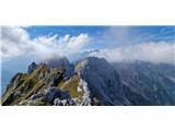 Zahodni del grebena Malih špic, za njimi v rahli meglici Visoka špica, desno Monte Pucher 2023, ki je povsem v Italiji.
