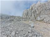 Vzpon proti po traviščih, melišču in lažje poplezljivem skrotju proti škrbini Čez Kamen (2331 m) III.