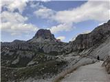 Pot proti koči Locatelli (2405m) in Sasso di Sesto (2539m), ki se dviga levo nad njo. Na tej poti nas spremljajo na desni strme stene Monte Paterna. 