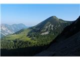 Spuščava se proti Celovški koči. V ozadju je Ovčji vrh, tudi Kozjak poimenovan