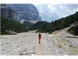 Dolomiti d'Ampezzo - Ferata Šara del Minighel Pot naj bi potekala na drugem bregu, a je vso odneslo. Iščeva primerno mesto za prečenje številnih pritokov