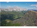 Pogled na Passo Peregrino i planine na suprotnoj strani. Daleko straga je Marmolada