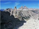 Koča Fratelli Fonda Savio na Passo dei Toci, pod Torre Wundt, v ozadju Tre Cime