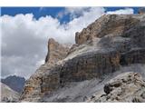 Dolomiti d'Ampezzo - Ferata Šara del Minighel Pogorje Tofane di Mezzo ob poti. Koničasta gora levo ima samostojno ime Nemesis