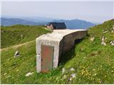 Bunker na južnem pobočju Gladkega vrha še z druge strani in pogled na kočo