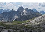 V ospredju koča Rif. Lavaredo, zadaj pa Cadini di Misurina. Tam poteka atraktivna pot Sentiero Alberto Bonacossa