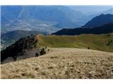 Spust z grebena na spodnjo prečno pot. Ta vodi do sedla Bocca Dromaé
