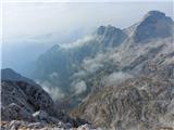 Vrh Bovškega Gamsovca (2392 m) II.: pogled proti Spodnjemu Kriškemu jezeru in goram nad Kriškimi podi